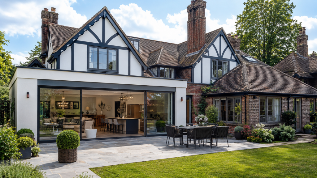 large sliding doors on tudor home